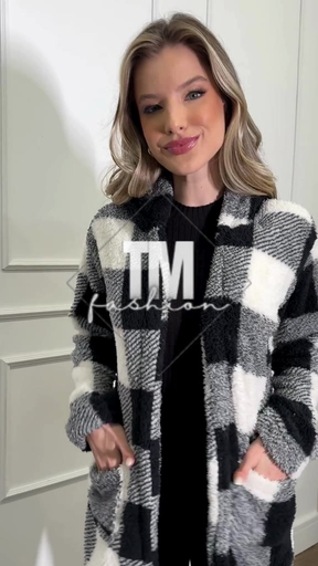 Casaco Feminino Teddy Xadrez Longo Ted Tedy Inverno Pelo de Carneiro Junina