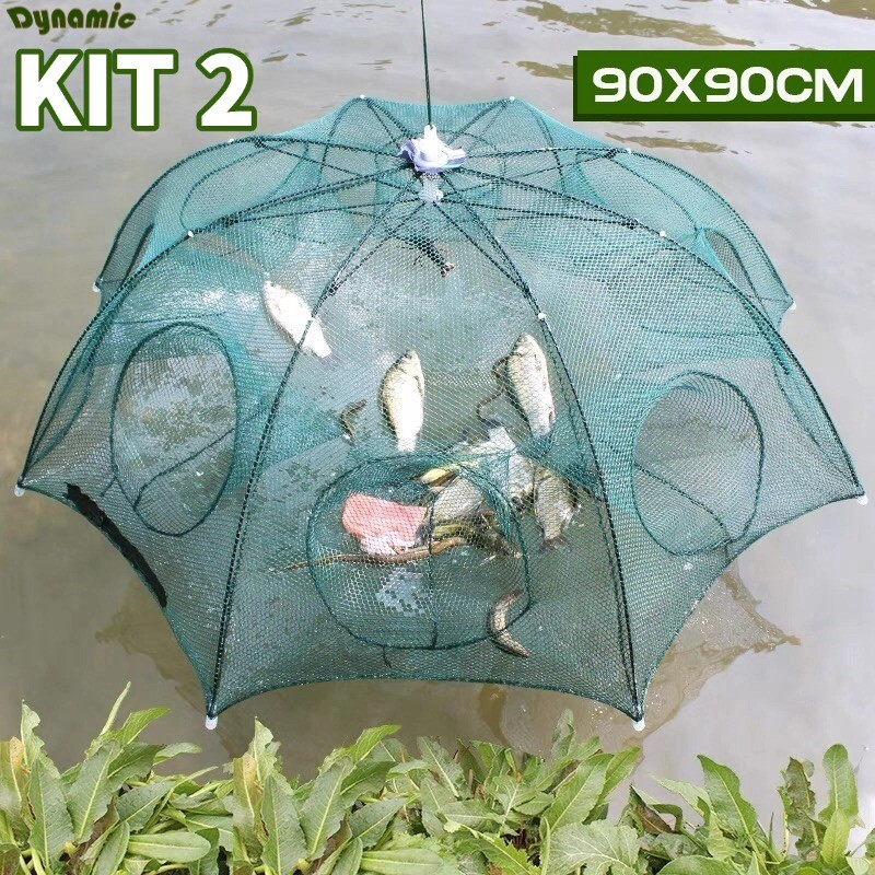 KIT 2 Armadilha Covo Peixe Isca Viva Lambaris Camarões 90x90cm/ peixes com 8 entradas Rede Retrátil