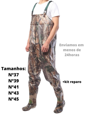 Macacão Camuflado Pesca Caça Jardineira Pesca Pvc Com Bota Acoplada Impermeável e Suspensório