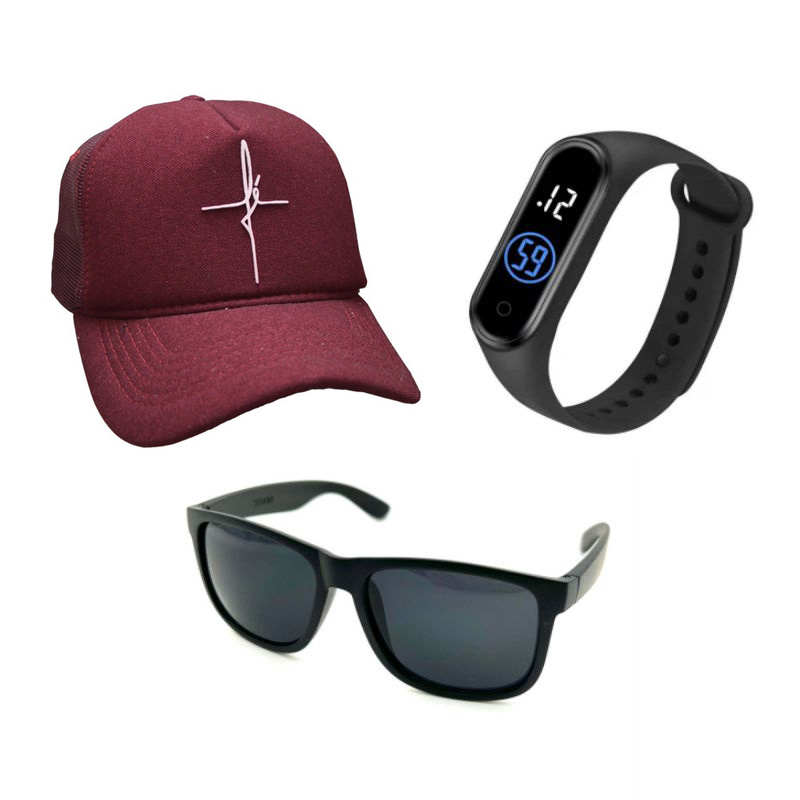 Óculos de Sol Masculino Clássico + Boné Fé+ Relógio Esportivo Você Escolhe a Cor