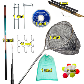 KIT VARA TELESCOPICA 2,10M + LINHA + ANZOL + BOIA + PASSAGUÁ