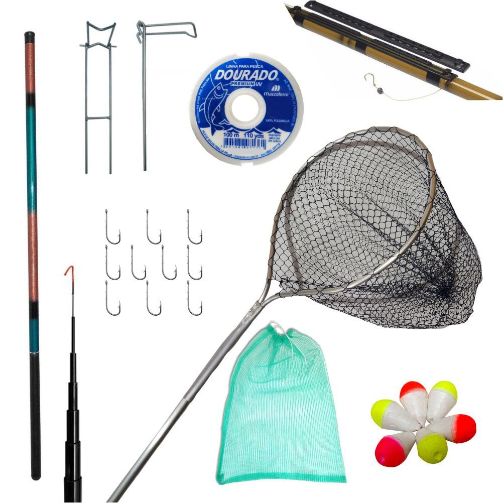 KIT VARA TELESCOPICA 2,10M + LINHA + ANZOL + BOIA + PASSAGUÁ
