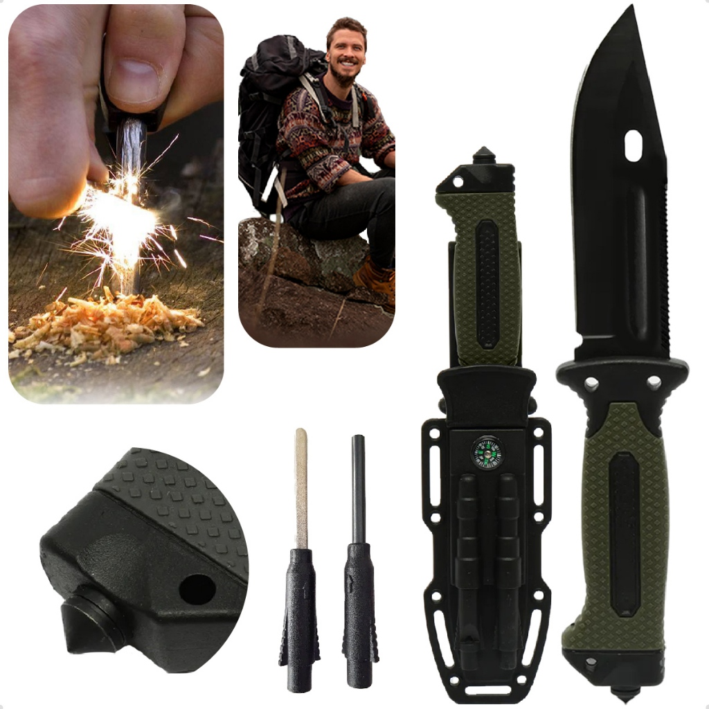 Faca Rambo Sobrevivência Pesca Punhal Quebra-Vidro Amolador Pederneira Apito Cabo ABS Emborrachado
