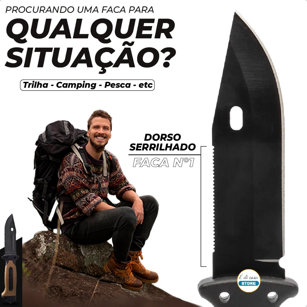Faca Rambo Sobrevivência Pesca Punhal Quebra-Vidro Amolador Pederneira Apito Cabo ABS Emborrachado