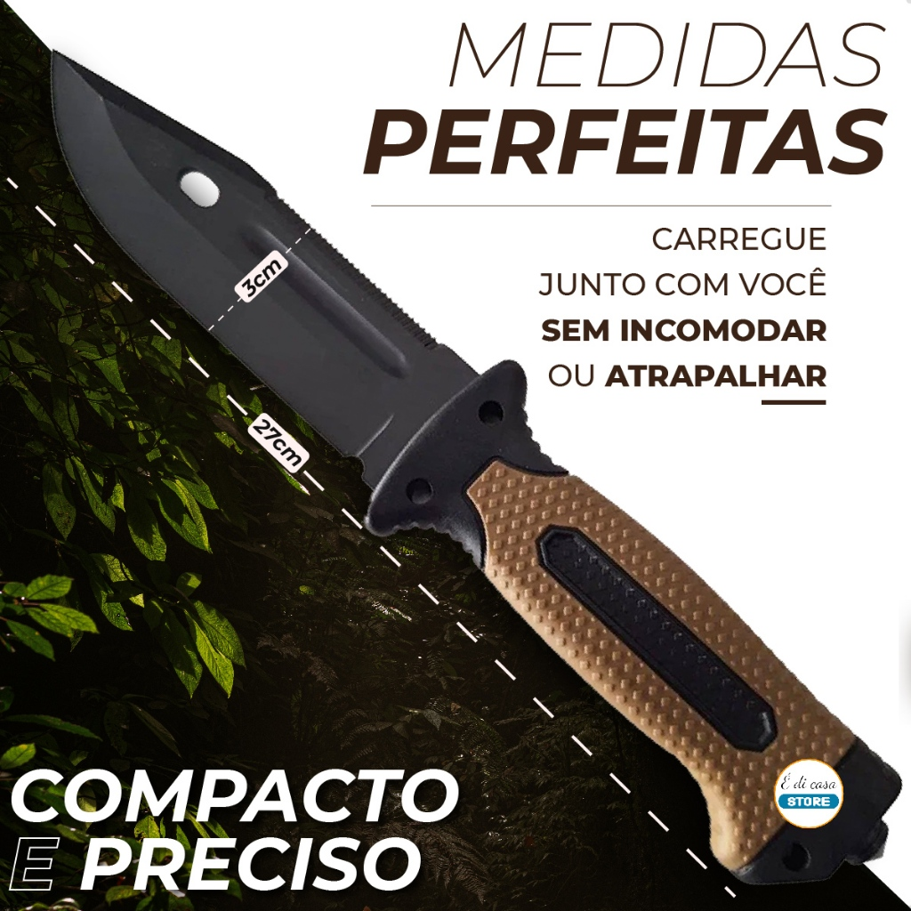 Faca Rambo Sobrevivência Pesca Punhal Quebra-Vidro Amolador Pederneira Apito Cabo ABS Emborrachado