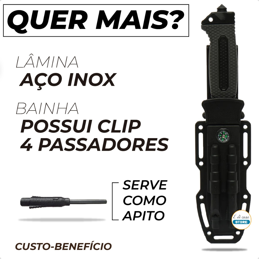 Faca Rambo Sobrevivência Pesca Punhal Quebra-Vidro Amolador Pederneira Apito Cabo ABS Emborrachado