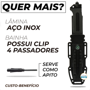 Faca Rambo Sobrevivência Pesca Punhal Quebra-Vidro Amolador Pederneira Apito Cabo ABS Emborrachado