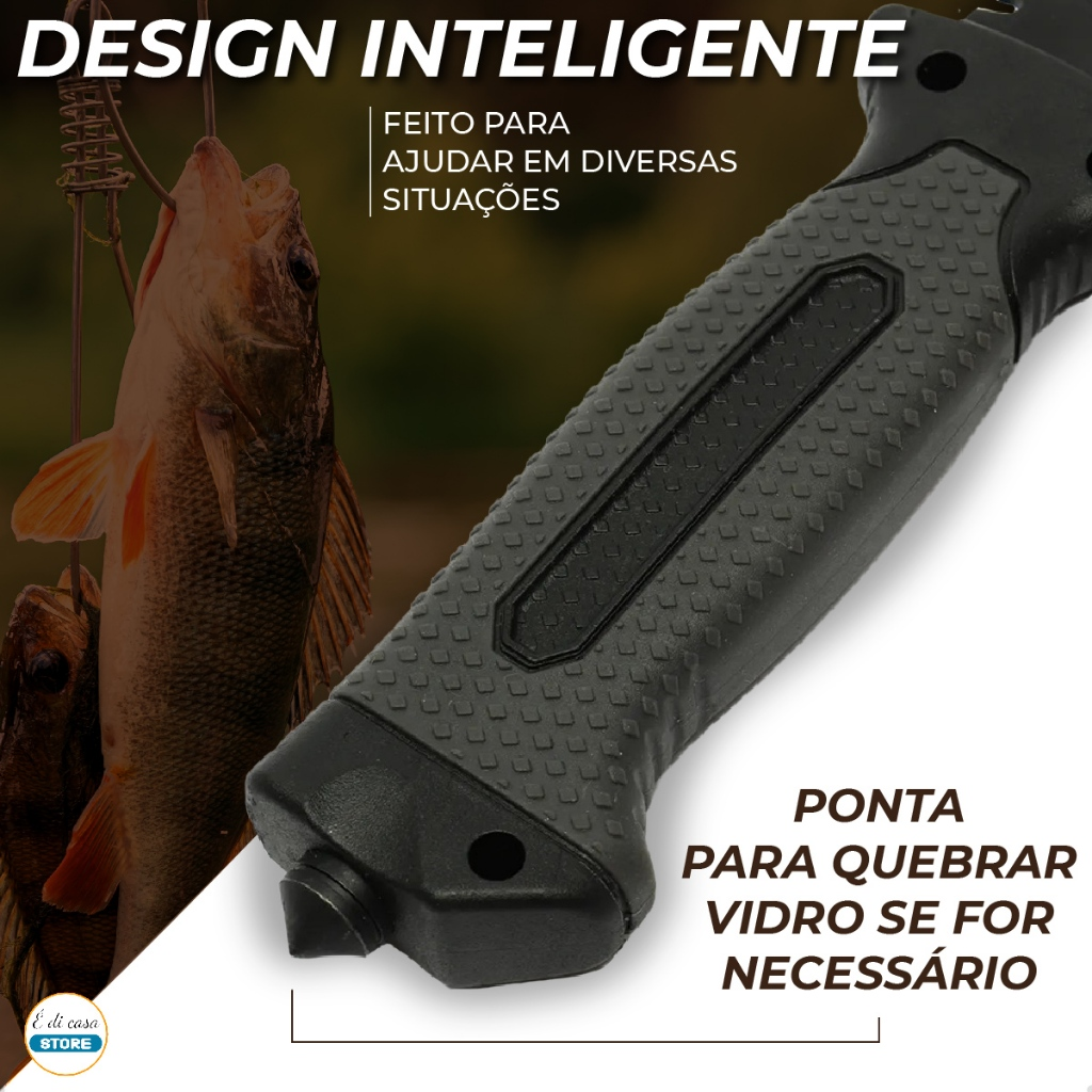Faca Rambo Sobrevivência Pesca Punhal Quebra-Vidro Amolador Pederneira Apito Cabo ABS Emborrachado