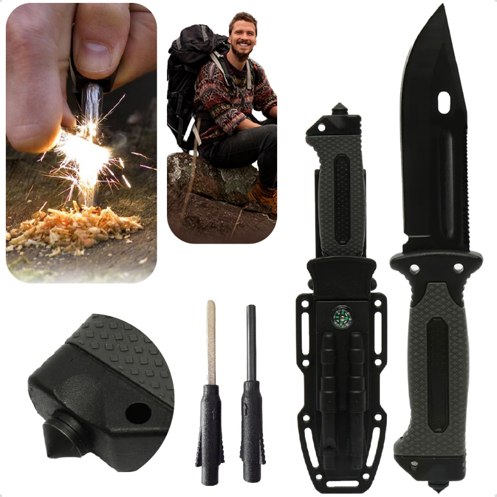 Faca Rambo Sobrevivência Pesca Punhal Quebra-Vidro Amolador Pederneira Apito Cabo ABS Emborrachado