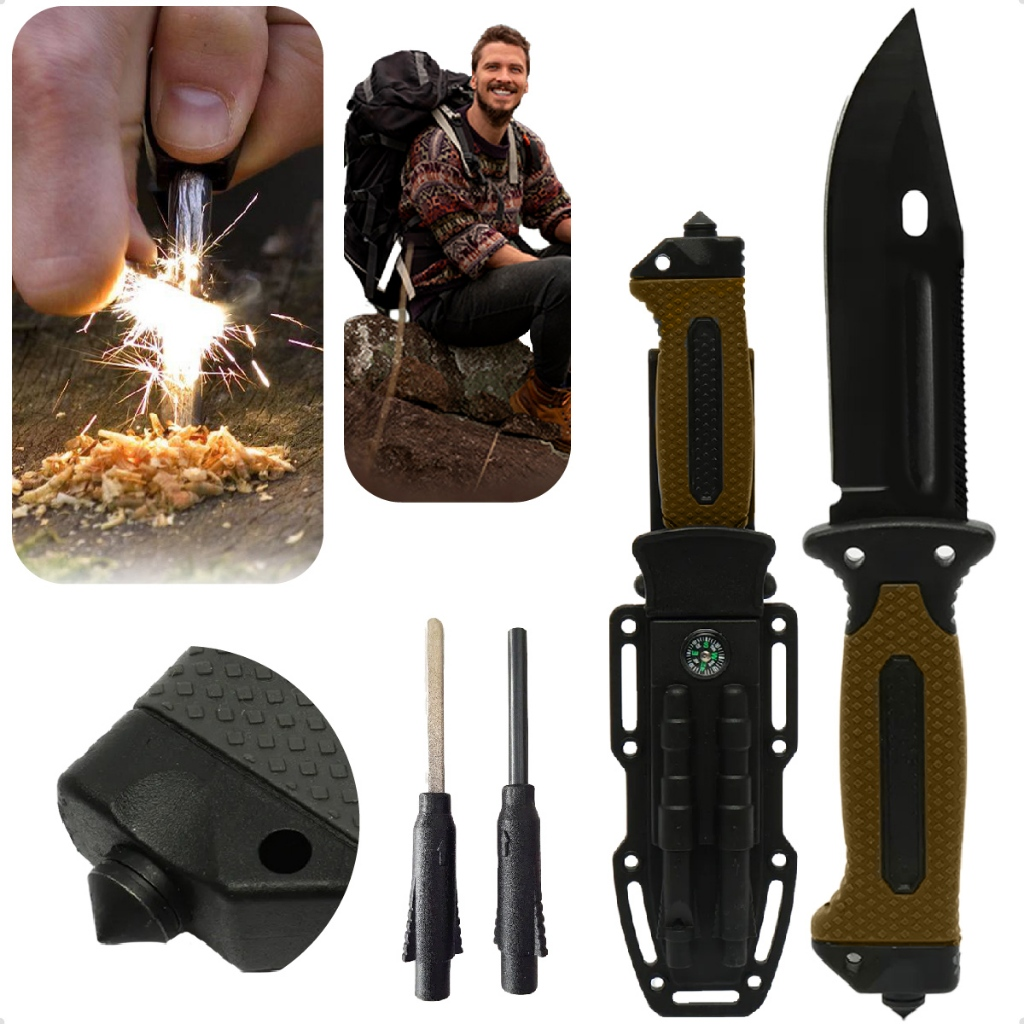 Faca Rambo Sobrevivência Pesca Punhal Quebra-Vidro Amolador Pederneira Apito Cabo ABS Emborrachado