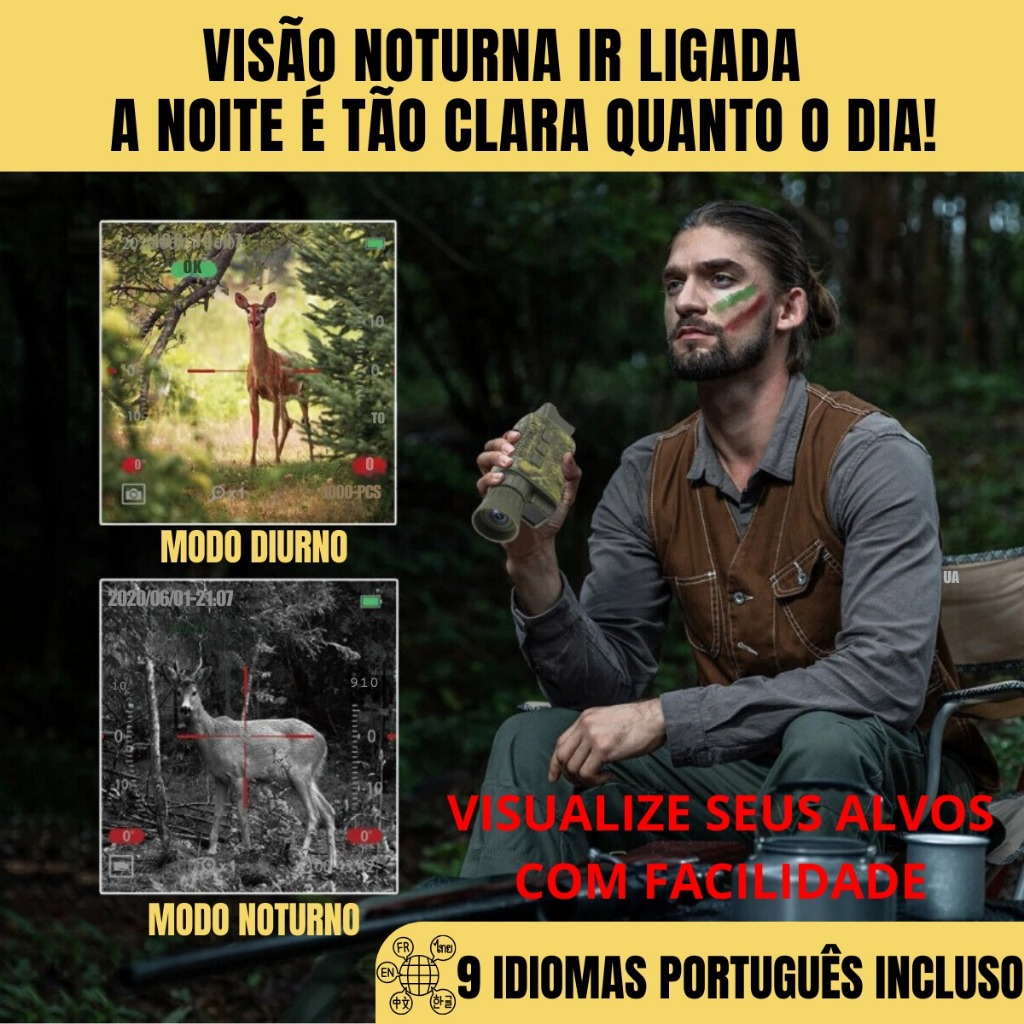 Câmera Monóculo Profissional de Caça Infravermelho Com Zoom Óptico e Digital 128gb NV1000