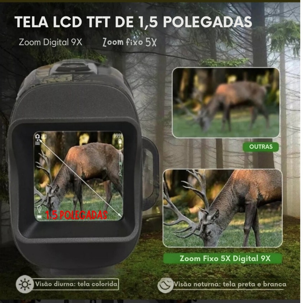 Câmera Monóculo Profissional de Caça Infravermelho Com Zoom Óptico e Digital 128gb NV1000