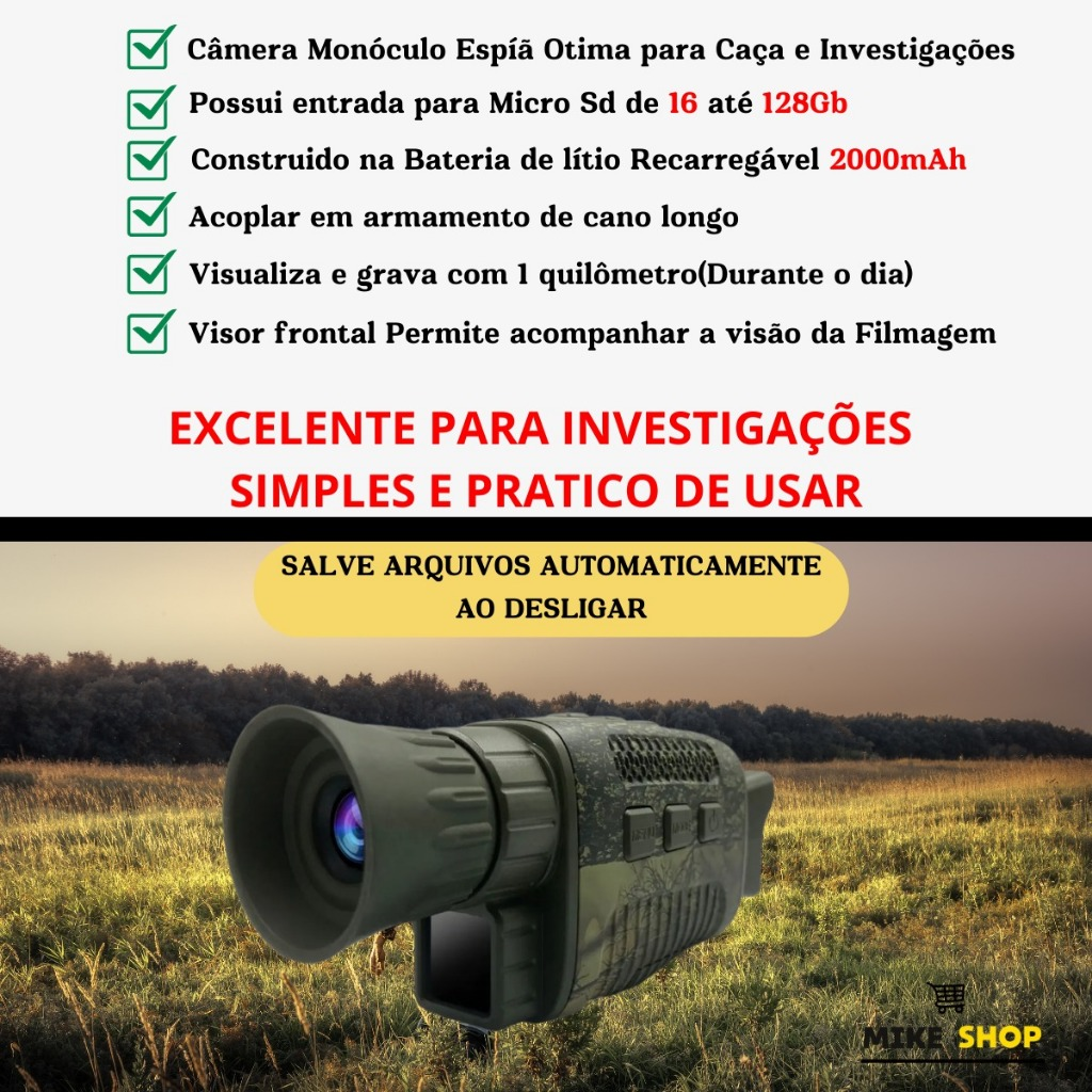 Câmera Monóculo Profissional de Caça Infravermelho Com Zoom Óptico e Digital 128gb NV1000