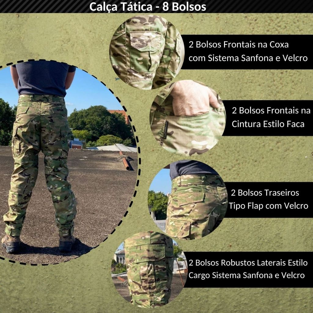 Calça Tática Masculina Militar Cargo Camuflado Multicam trilha Hiking Acampamento Pesca Farda Roupa