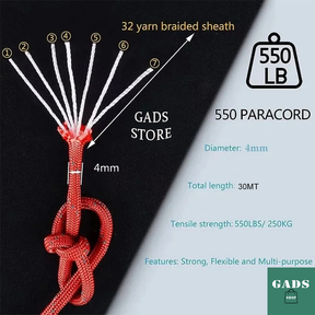 Corda Outdoor Paracord 550 4mm com 7 Filamentos 30 Mt Trekking Camping Pesca Caminhada