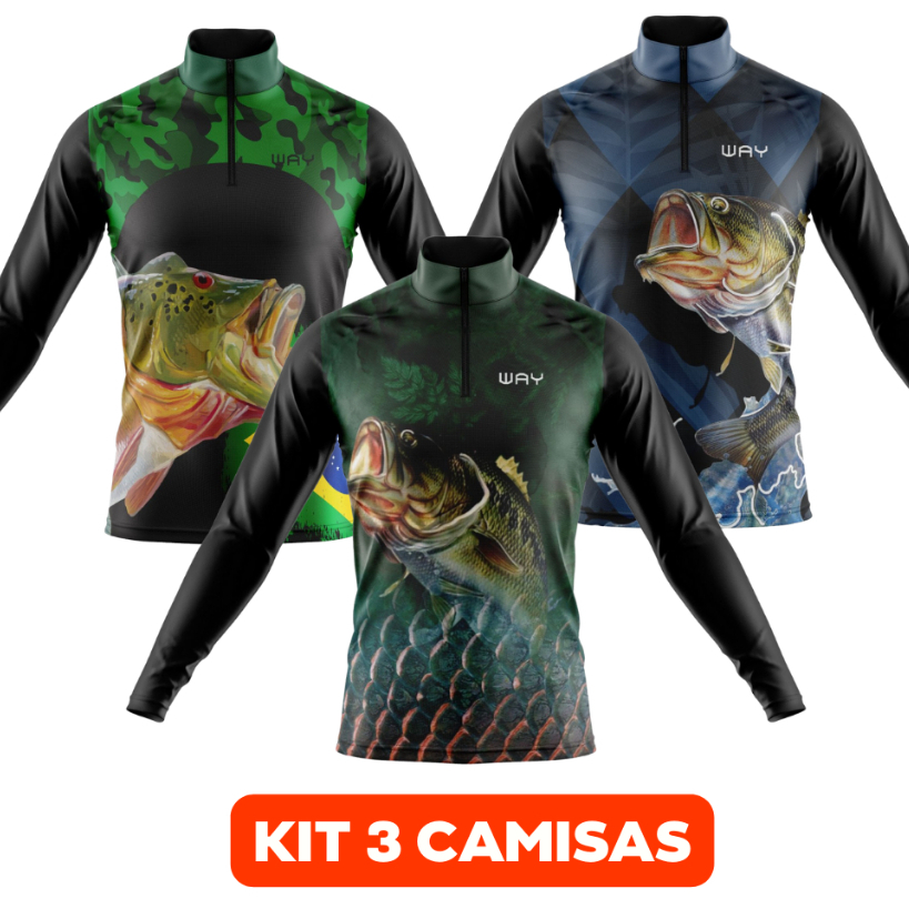 Kit 3 Camisas Masculino de Pesca Manga Longa com Proteção Solar UV Confortável