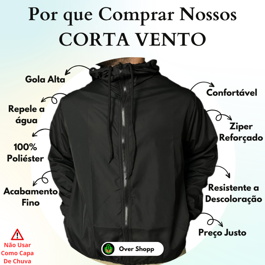 Jaqueta Corta Vento Masculina Impermeável Semi Forrada Com Capuz - Repelente a Água - Gola Alta