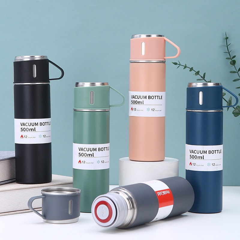 caneca Kit Garrafa Térmica Vacuum Bottle Inox 500ml 3 Xícaras para Bebidas Quentes ou Frias Presente de Dia dos Pais