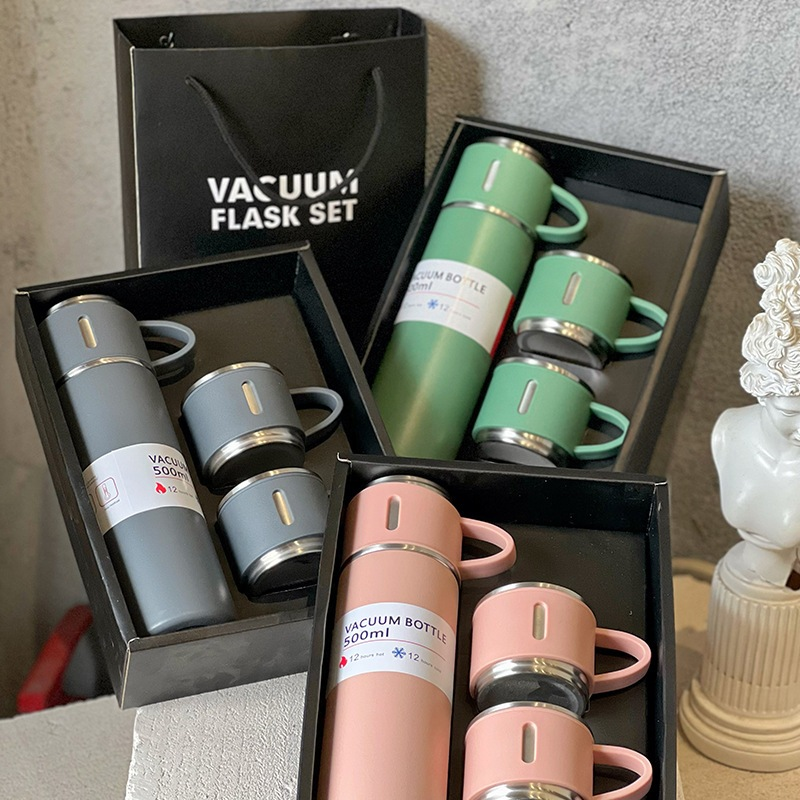 caneca Kit Garrafa Térmica Vacuum Bottle Inox 500ml 3 Xícaras para Bebidas Quentes ou Frias Presente de Dia dos Pais