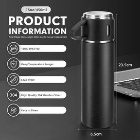 caneca Kit Garrafa Térmica Vacuum Bottle Inox 500ml 3 Xícaras para Bebidas Quentes ou Frias Presente de Dia dos Pais