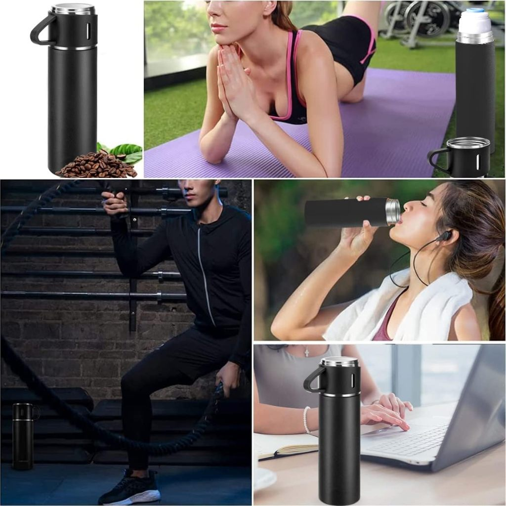 caneca Kit Garrafa Térmica Vacuum Bottle Inox 500ml 3 Xícaras para Bebidas Quentes ou Frias Presente de Dia dos Pais