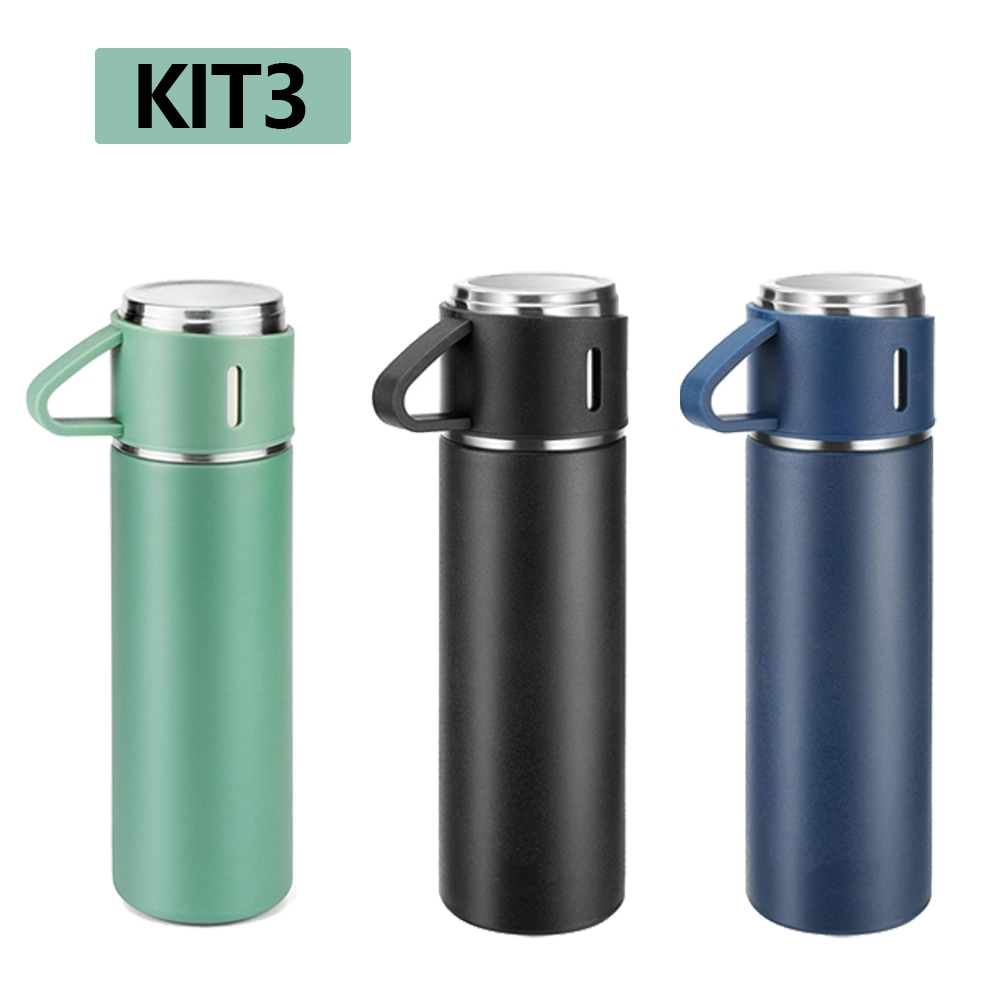 caneca Kit Garrafa Térmica Vacuum Bottle Inox 500ml 3 Xícaras para Bebidas Quentes ou Frias Presente de Dia dos Pais