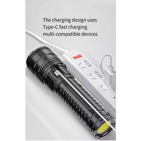 Poderoso LED e COB lanterna LED, 15000LM, carregamento tipo C, 5 modos de iluminação, laser branco, lanterna Zoom MT299