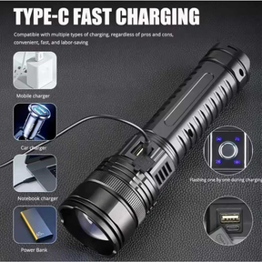 Poderoso LED e COB lanterna LED, 15000LM, carregamento tipo C, 5 modos de iluminação, laser branco, lanterna Zoom MT299