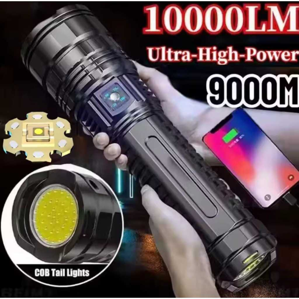 Poderoso LED e COB lanterna LED, 15000LM, carregamento tipo C, 5 modos de iluminação, laser branco, lanterna Zoom MT299