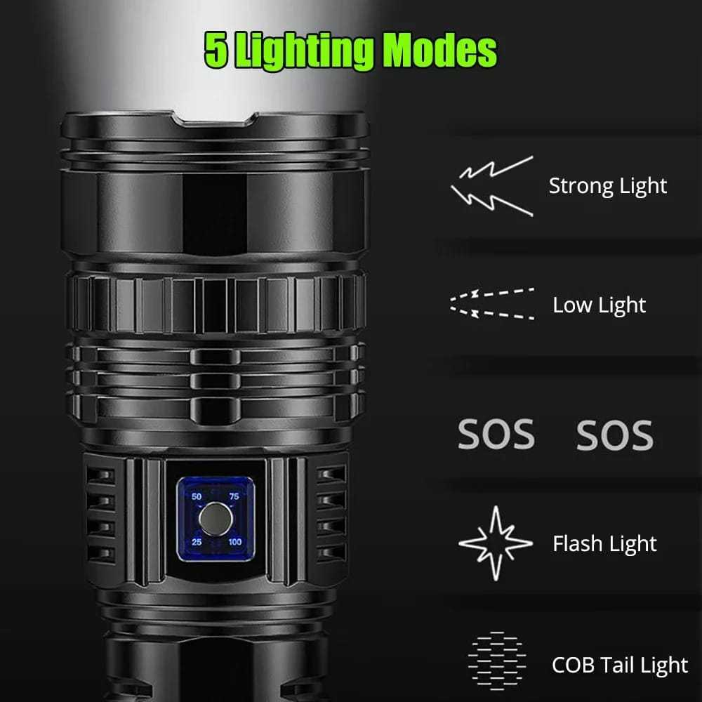 Poderoso LED e COB lanterna LED, 15000LM, carregamento tipo C, 5 modos de iluminação, laser branco, lanterna Zoom MT299