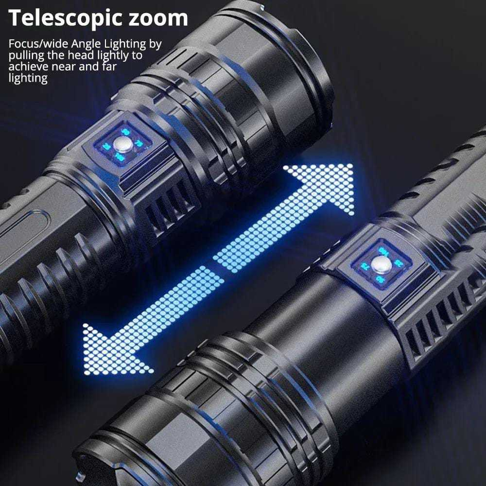 Poderoso LED e COB lanterna LED, 15000LM, carregamento tipo C, 5 modos de iluminação, laser branco, lanterna Zoom MT299