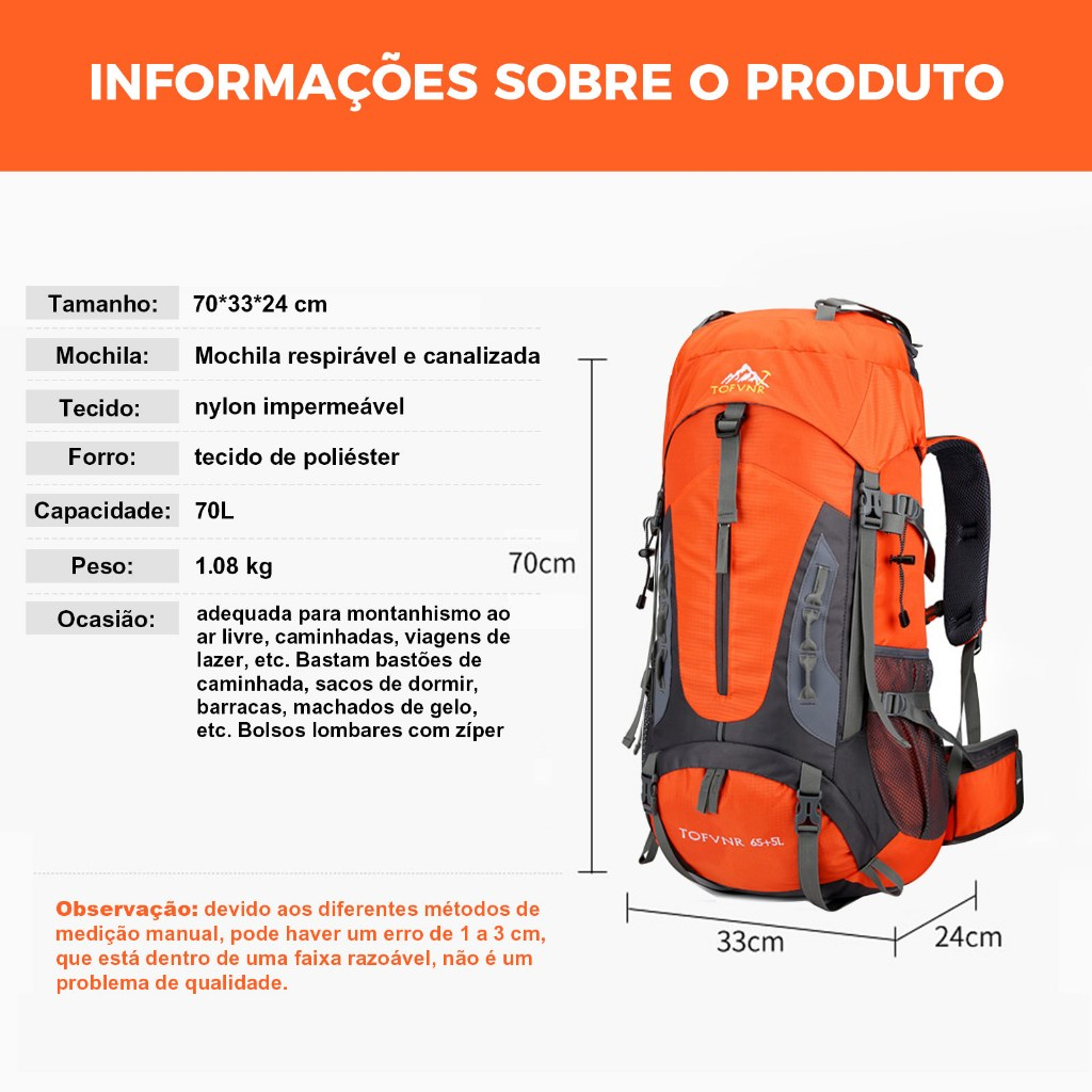 Mochila impermeável para caminhadas ao ar livre 70Litros Viagem Camping