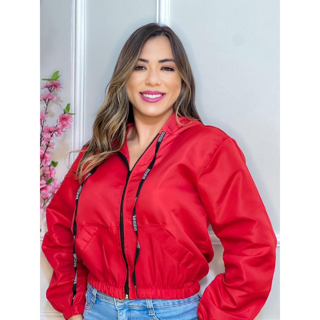 Jaqueta Corta Vento Blusa feminina Com Capuz e Bolso