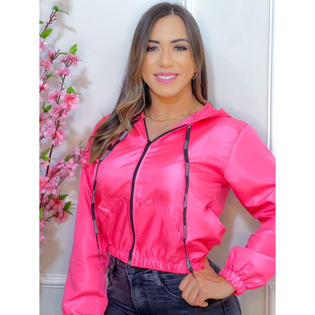 Jaqueta Corta Vento Blusa feminina Com Capuz e Bolso