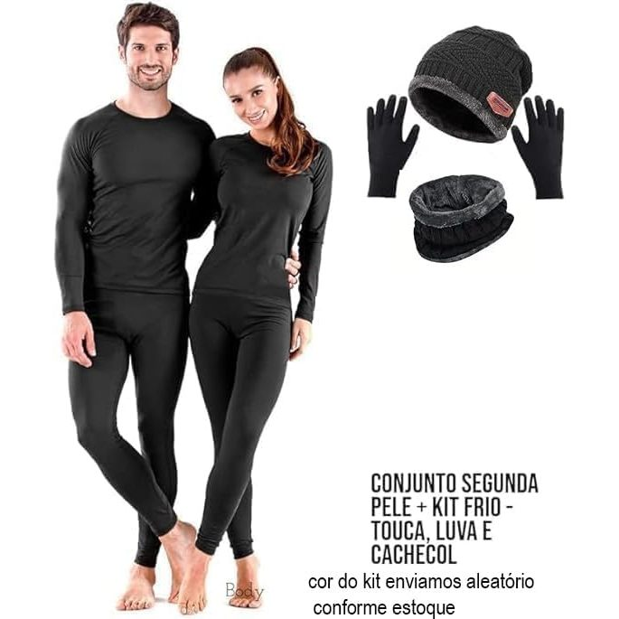 Kit roupa térmica segunda pele unisex para inverno forrada e quentinha com touca, cachecol e luva