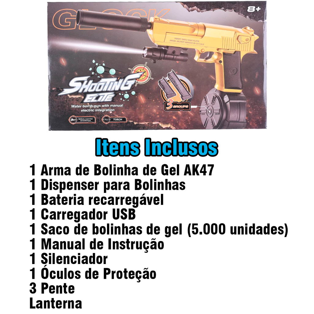 Arminha Bolinha Gel Desert Eagle Glock Automatica Eletrica Pente Alongado Com Lanterna e Silenciador