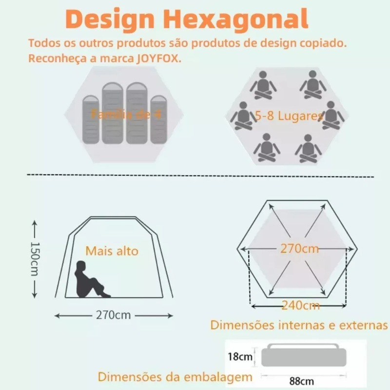 Barraca De Acampamento Automático Grande Para Camping 5-8 Lugares Ventilacao 270*270*150cm Portátil A Prova D'agua Dois