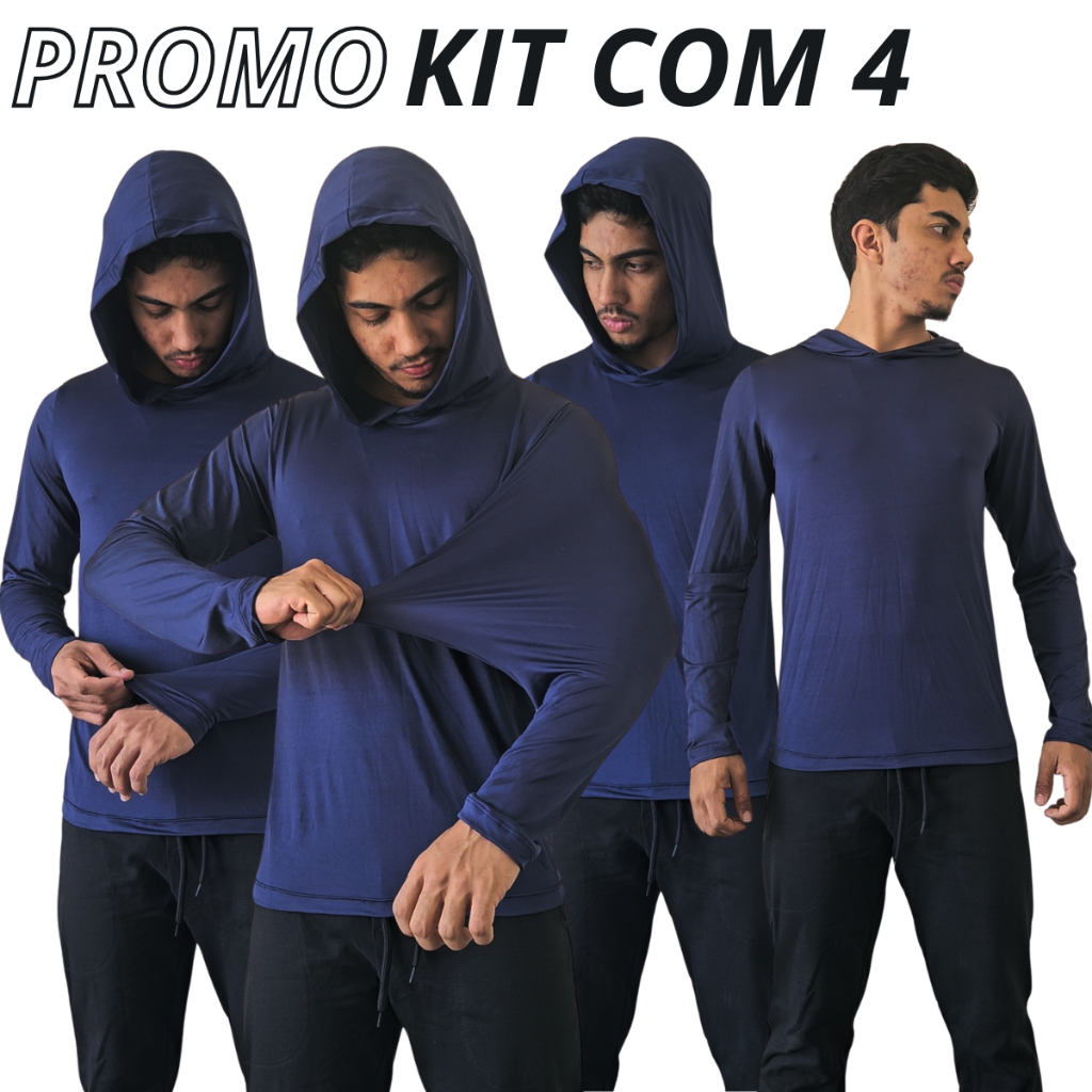 KIT de 4 Camisas Térmicas Dry Fit UV 50+ Com Capuz tamanho P ao G4 Extra Grande