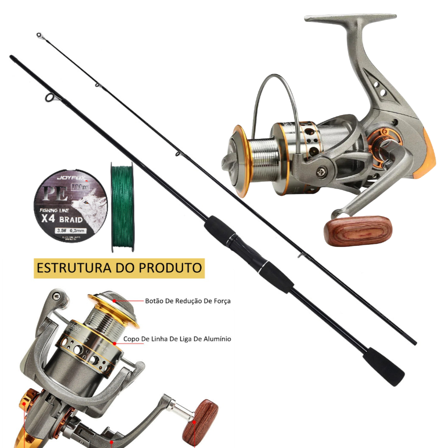 vara de pesca Joyfox Kit Vara Molinete1,8m + Carretel Molinete Dc7000 12+1 Rolamentos