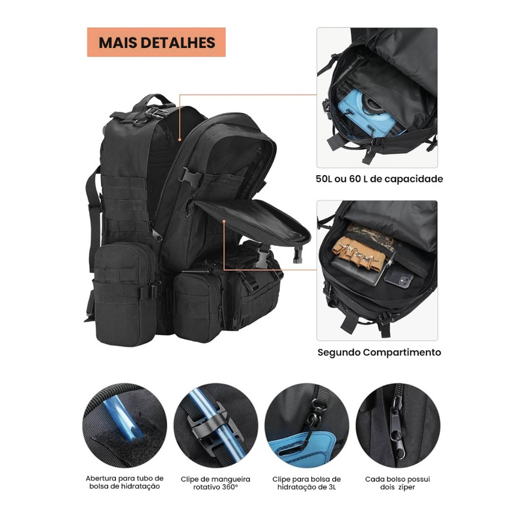 New Hawaii 55L Mochila Militar Tática Masculina,Mochila Grande para Acampamento Destacável