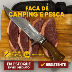 Faca Tática Camping e Pesca Full Tang 30cm Inox com Cabo de Madeira e Bainha Reforçada