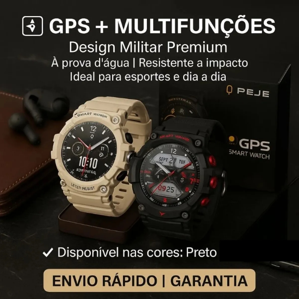 Smartwatch Redondo Peje G01C Masculino Militar Prova D'agua Gps 3000Mah Notificação Strava