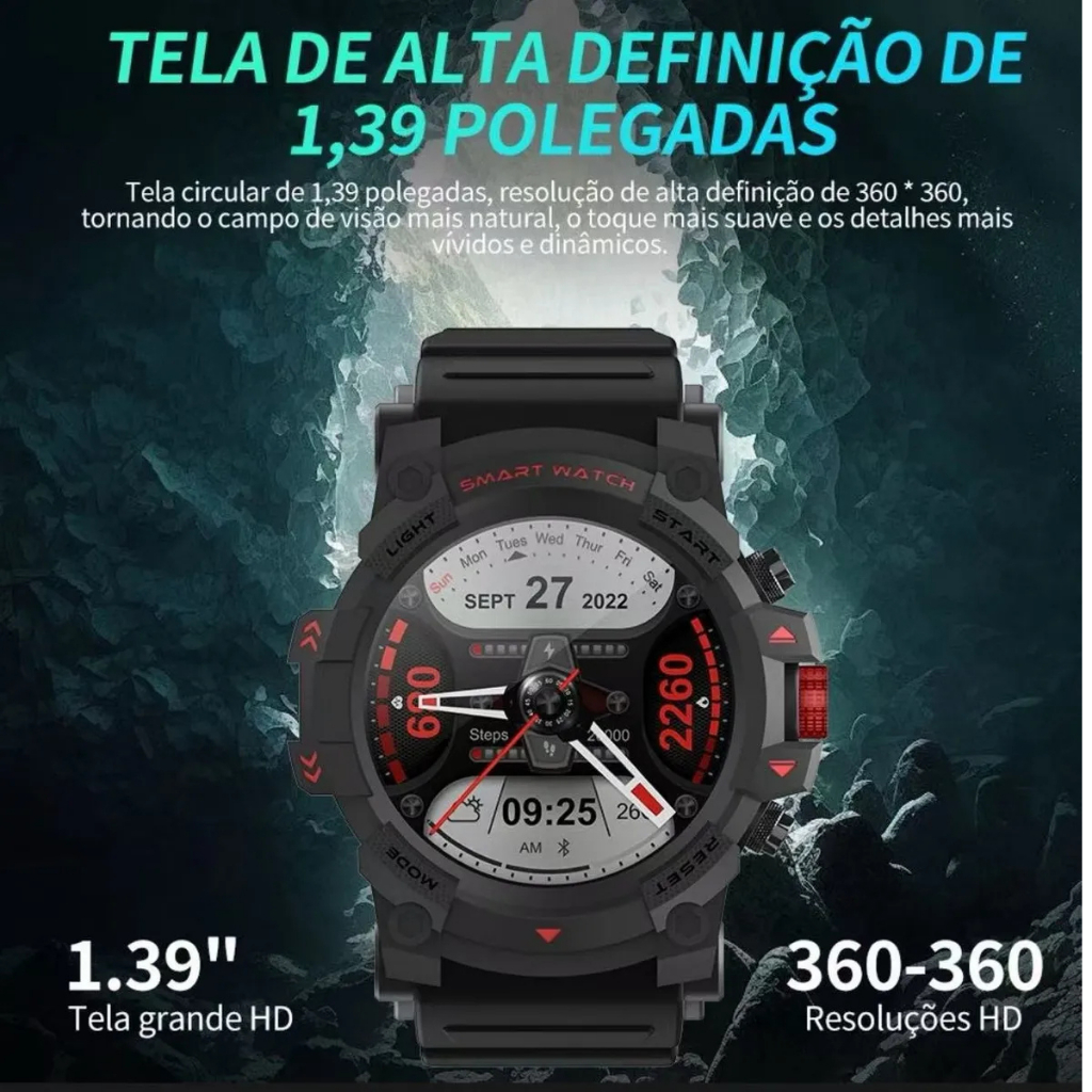 Smartwatch Redondo Peje G01C Masculino Militar Prova D'agua Gps 3000Mah Notificação Strava