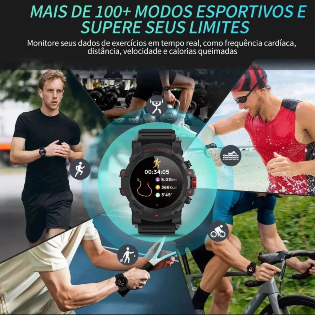 Smartwatch Redondo Peje G01C Masculino Militar Prova D'agua Gps 3000Mah Notificação Strava