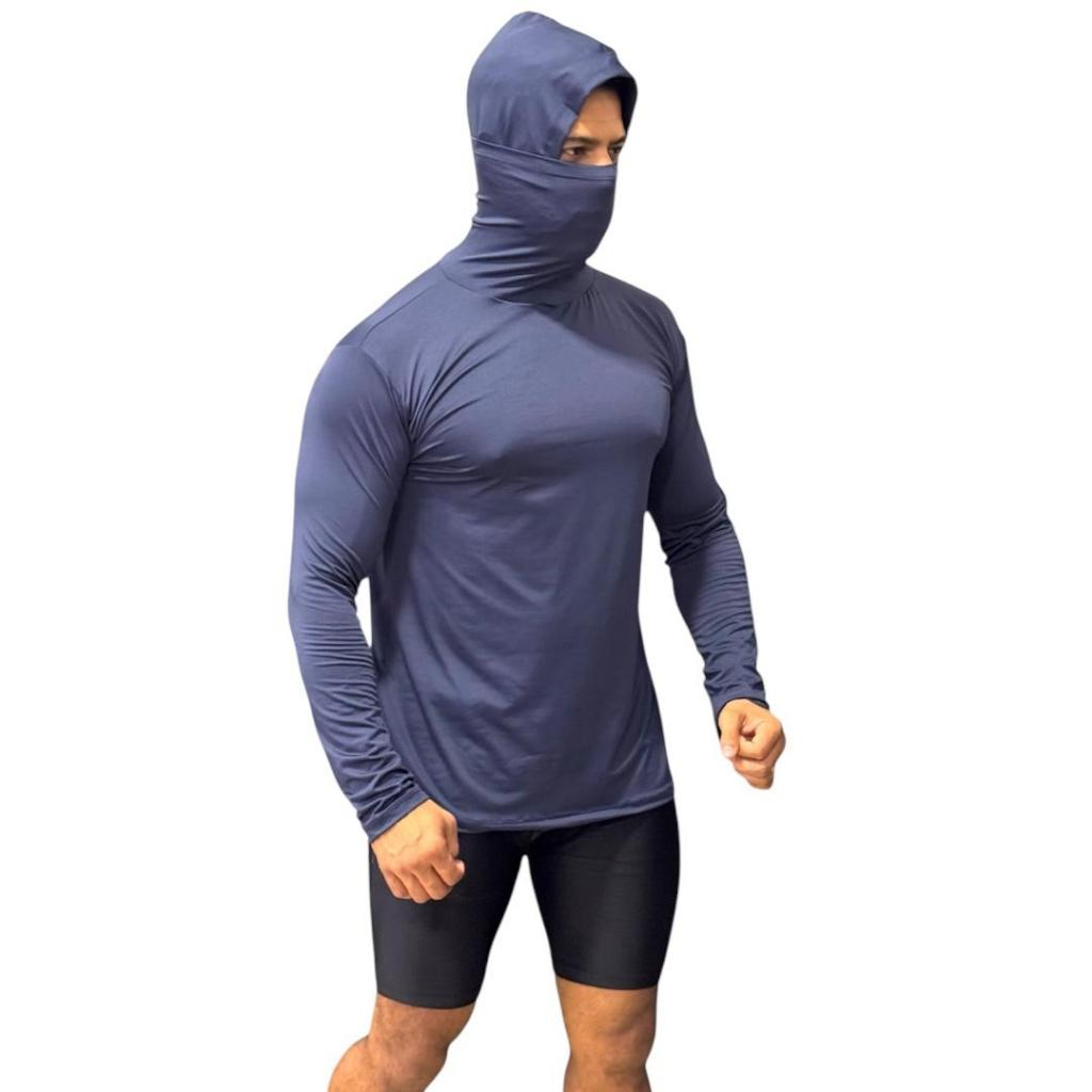 Camisa Térmica Masculina Manga Longa Com Capuz e Balaclava Touca Ninja Proteção Solar e Frio