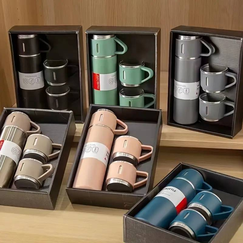caneca Kit Garrafa Térmica Vacuum Bottle Inox 500ml 3 Xícaras para Bebidas Quentes ou Frias Presente de Dia dos Pais
