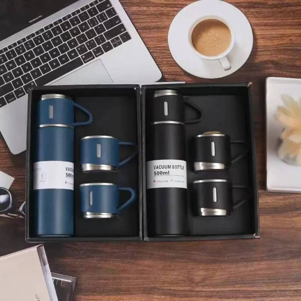caneca Kit Garrafa Térmica Vacuum Bottle Inox 500ml 3 Xícaras para Bebidas Quentes ou Frias Presente de Dia dos Pais