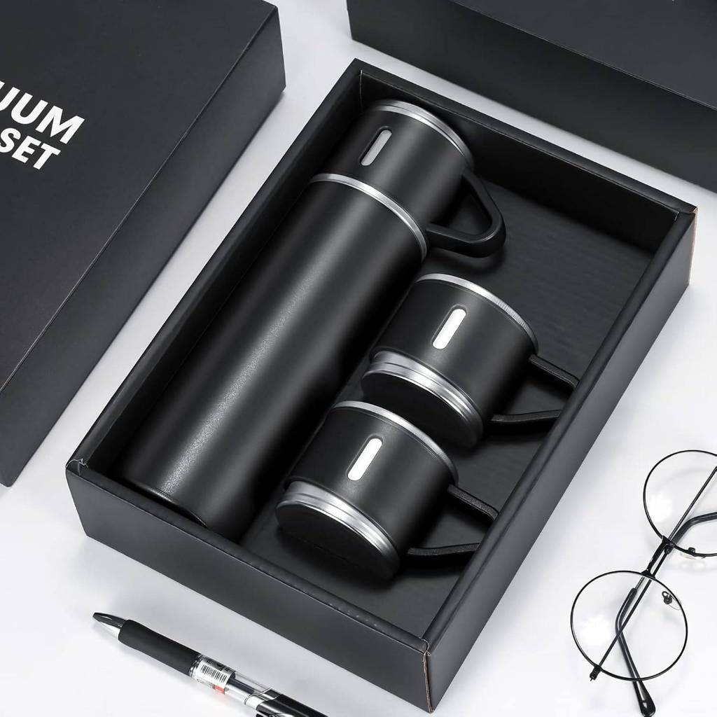 caneca Kit Garrafa Térmica Vacuum Bottle Inox 500ml 3 Xícaras para Bebidas Quentes ou Frias Presente de Dia dos Pais