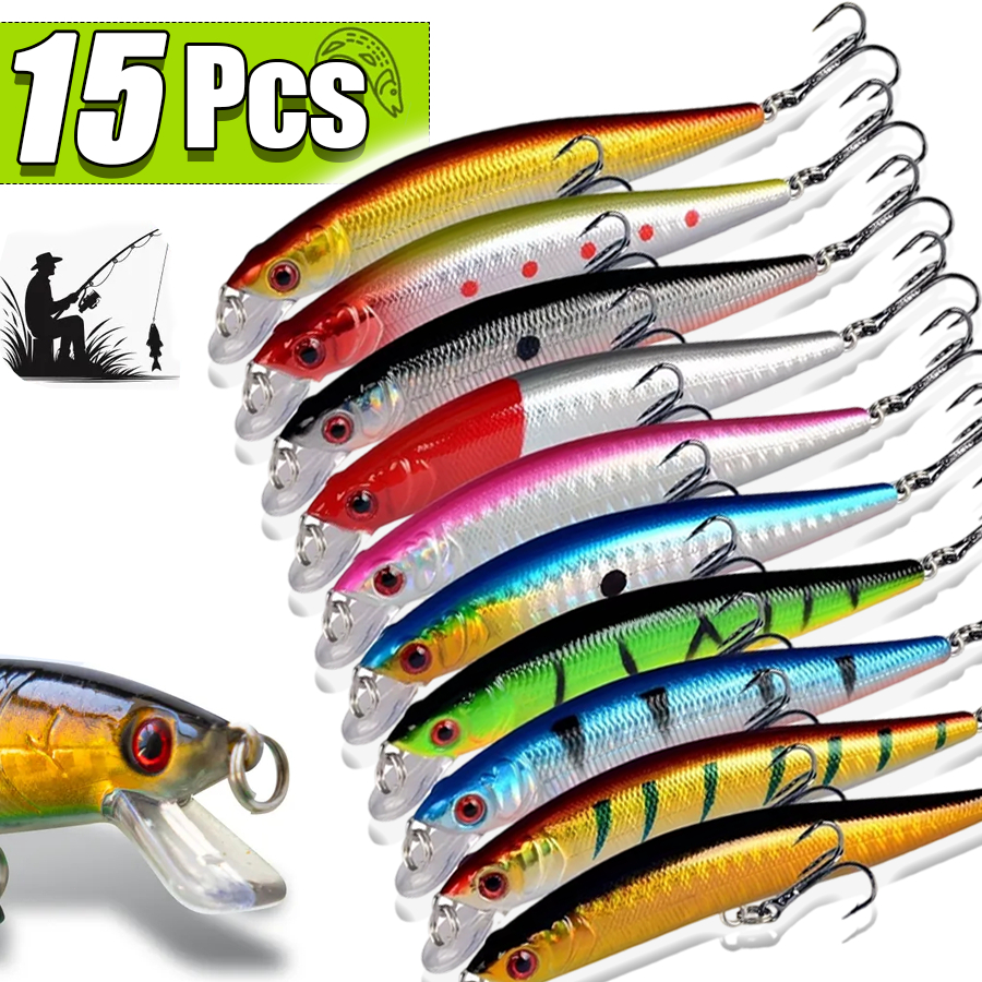 Kit 15 Iscas Artificiais Importadas 1/2 Meia Água de 9 cms e 8,5 gramas Pesca Truta Peixe Realista Anzol Duplo