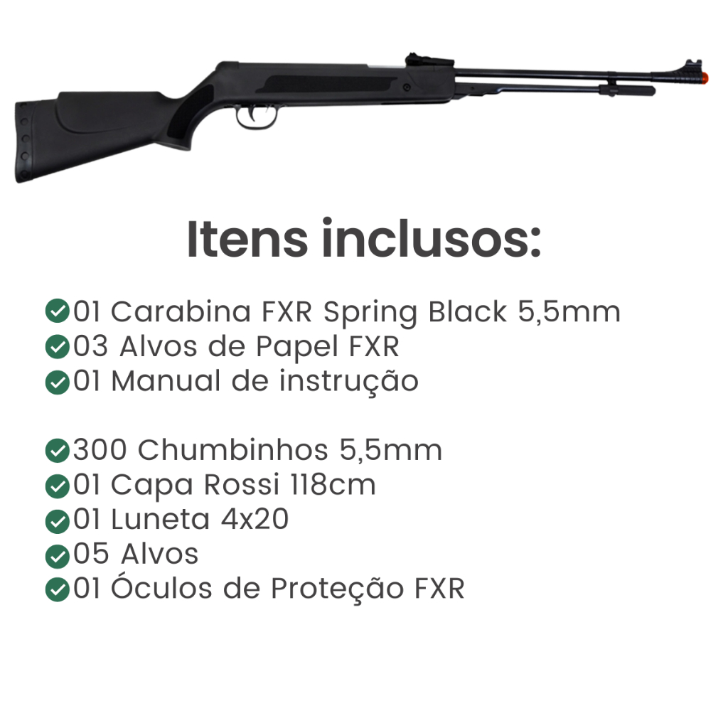 Carabina de Pressão Spring Black 5,5mm FXR + ESCOLHA SEU KIT